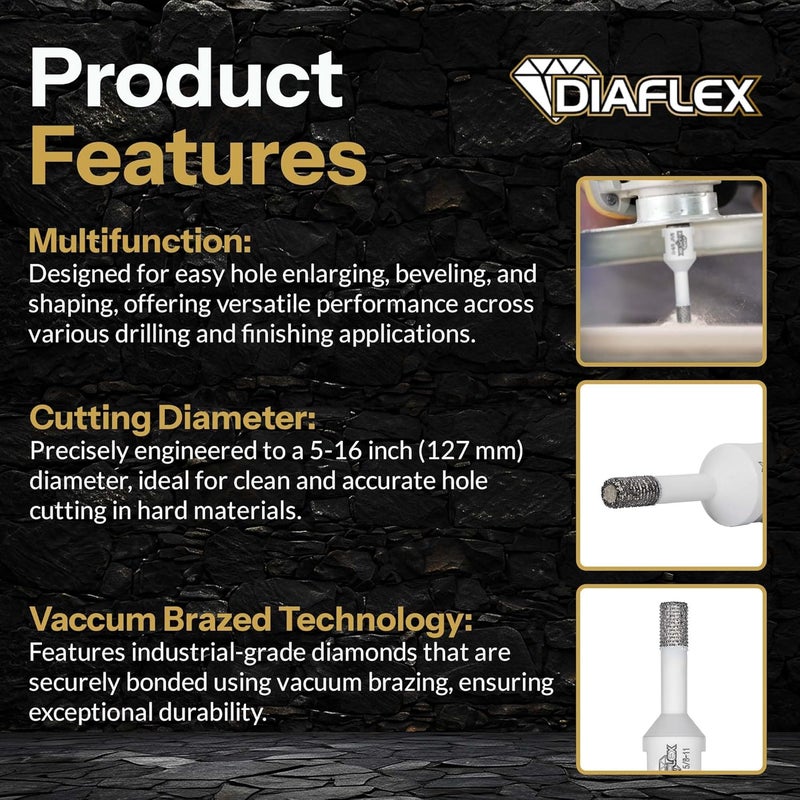 DIAFLEX Premium Brazed Core Bit – 5/16" Diamond Hole Saw for Porcelain, Ceramic, Stone, Dekton – 5/8"-11 Thread – Fast Clean Cuts – Vacuum Brazed – Wet or Dry Use - Image 4